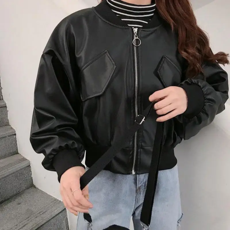 Women PU Leather Jacket Autumn Motorcycle Jacket Long Sleeve Zipper Cardigan Crop Tops Korean Loose Outerwear Baseball Jersey