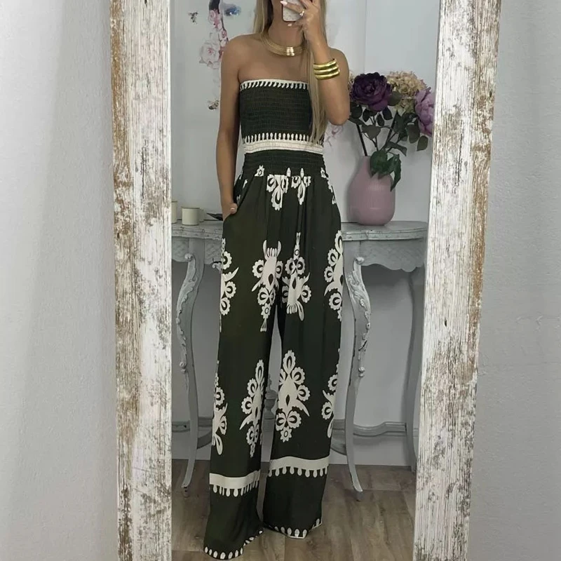 

Elegant Casual High Waist Straight Romper Summer Strapless Pattern Print Long Jumpsuit Female Off Shoulder Wide Leg Pants Romper