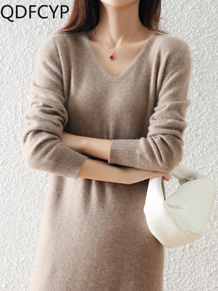 

Women's Knitted Dress Autumn Winter 2023 Elegant Simplicity V-Neck Long Skirt Fashion Casual Harem Korean Jersey Dress for Women