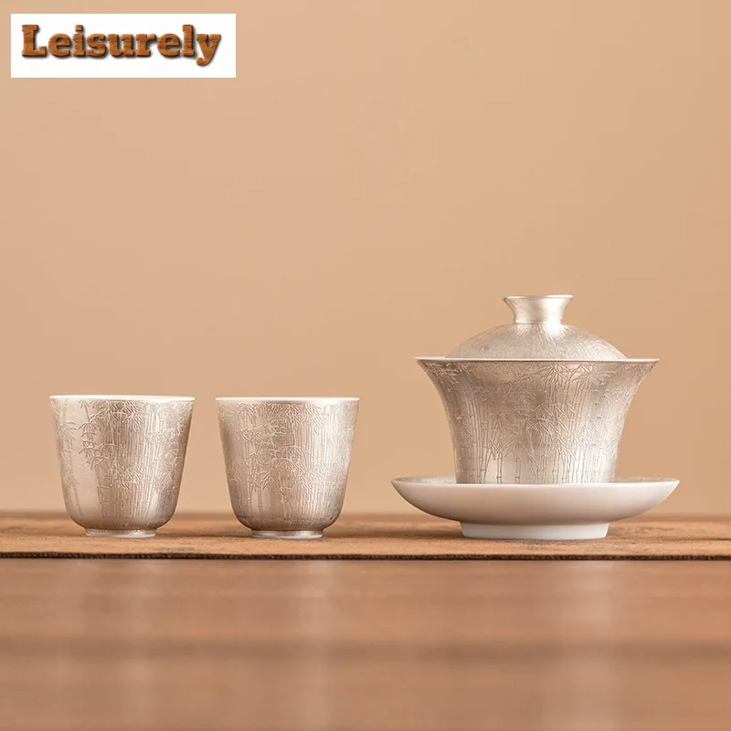 Luxury 999 Gilded Silver Green Bamboo Tea Set Complete Set Aesthetic Tea Ceremony Set Teapot And Tea Cup Set Chinese Teaset Gift
