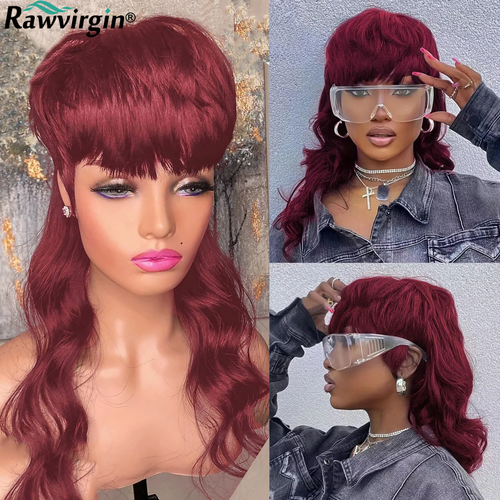 

Short Pixie Cut Mullet Wigs Glueless 99J Highlight Full Machine Made Wig With Bangs Brazilian Remy Human Hair Wigs For Women