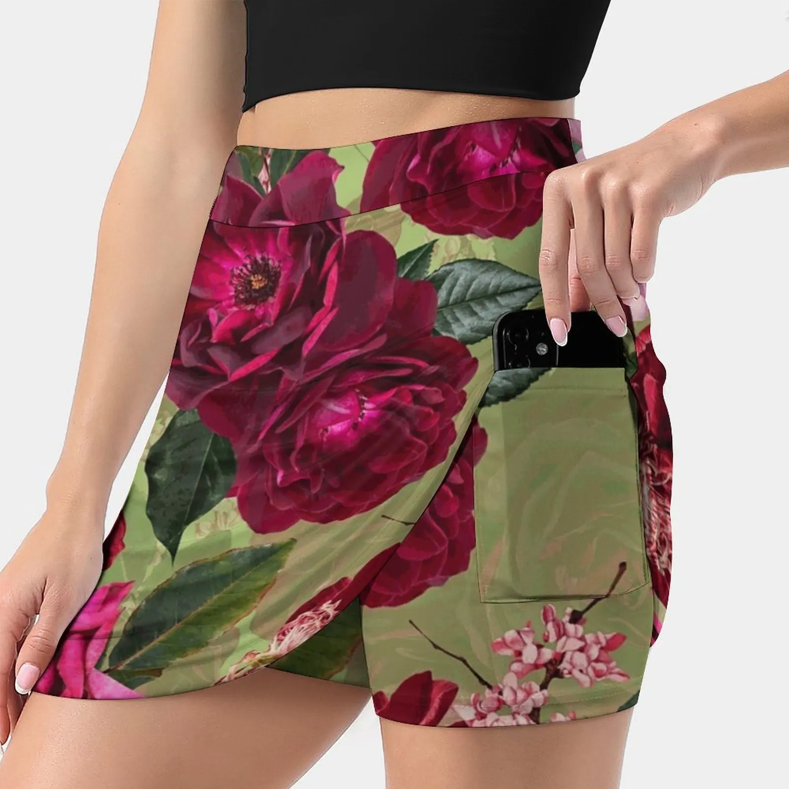 

Antique Green Botanical Flower Rose Garden Summer Women'Sshorts Skirt 2 In 1 Fitness Yoga Skirt Tennis Skirts Nature Blossom