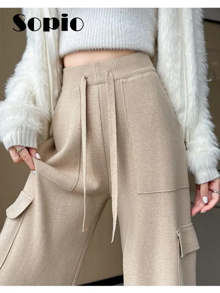

Knitted Cargo Pants Women Autumn Winter 2023 New Fashion Casual Loose Wide Leg Pants High Waisted Chic Pockets Straight Trousers