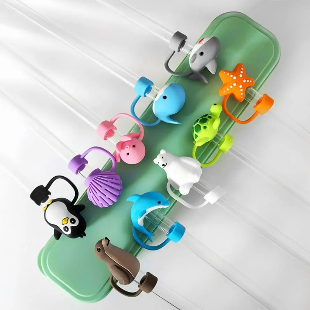 

10pcs 10mm Sea Animal Straw Topper Reusable Polar Animals Pattern Cute Straw Lids Silicone Straws Protector Water Bottle