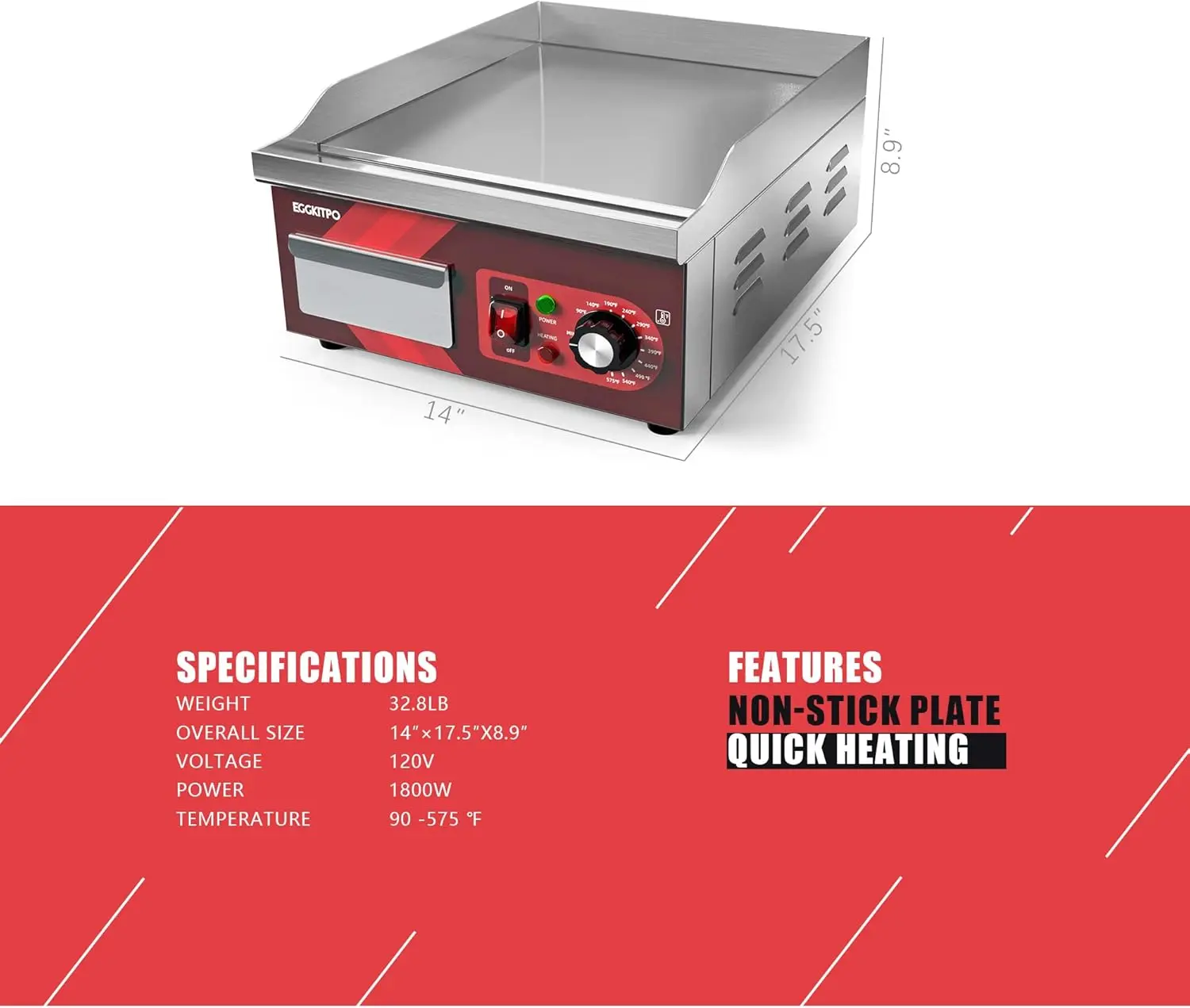 Electric Griddle, Non-Stick Flat Top Grill Commercial Electric Countertop Griddles Stainless Steel Adjustable Temperature Contro 6