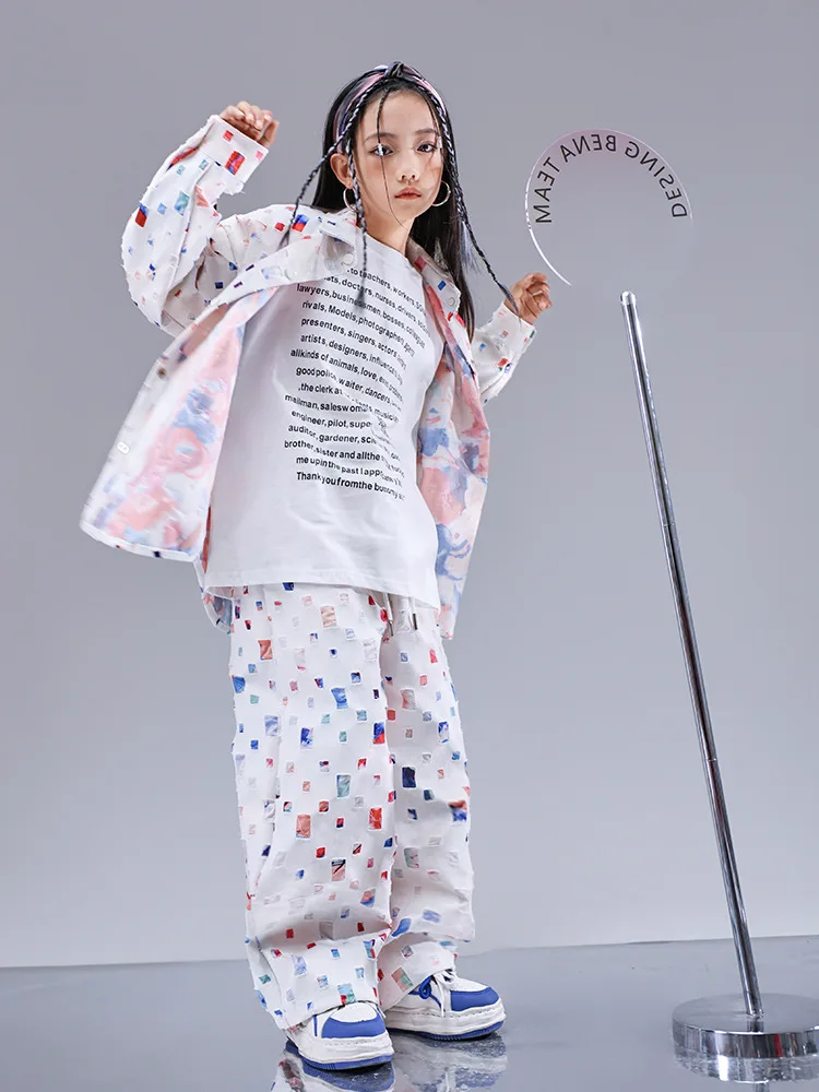 Kids Kpop Hip Hop Clothing Starry Sky Print with Hole Suit Streetwear Top Cargo Pants for Girls Boys Jazz Dance Costume Clothes