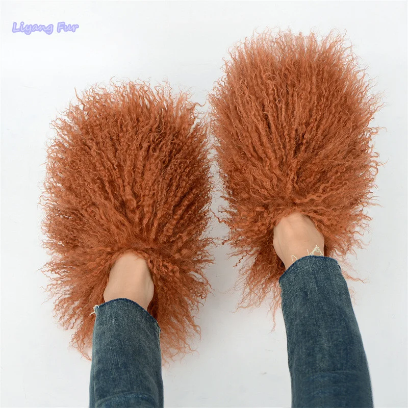 

Fashion Spring Winter Custom Color Slides Women Mongolian Fur Slippers Sheep Fur Shoes