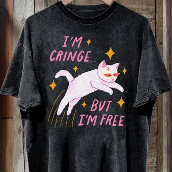 Women Vintage Washed Black Cat T-Shirt Funny "I'm Cringe But I'm Free" Sarcastic Graphic Casual Cotton Tee 2026 Y2K