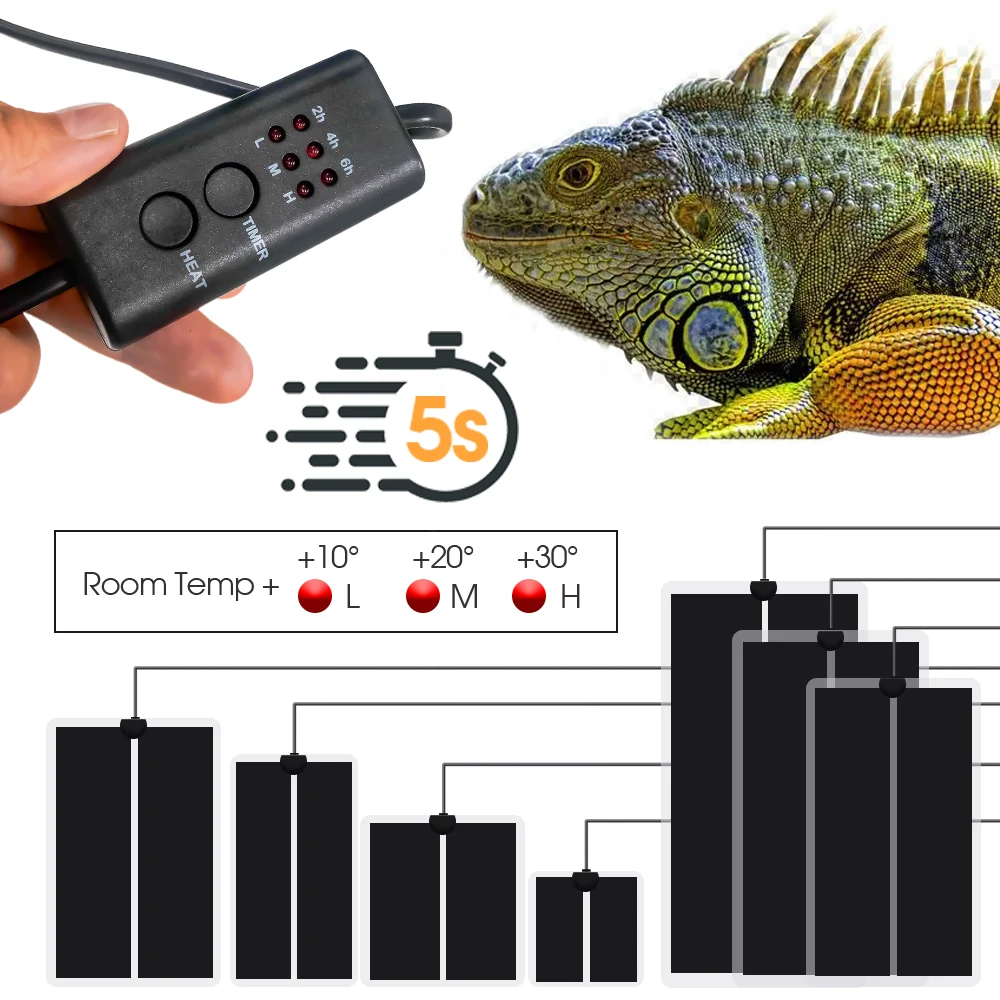 5-45W 2/4/6H Timing Reptile Terrarium Heaters Plants Heating Pad with 3-Gear Temperature Controller Warmer Waterproof Heat Mat
