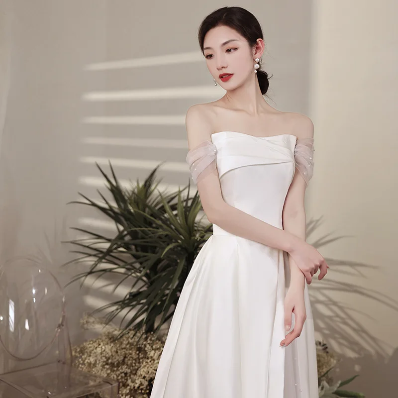

Satin Boat Wedding Dress Women White Tulle Splicing Pearl Applique Evening Dresses French Elegant Simple Slit Cocktail Gown