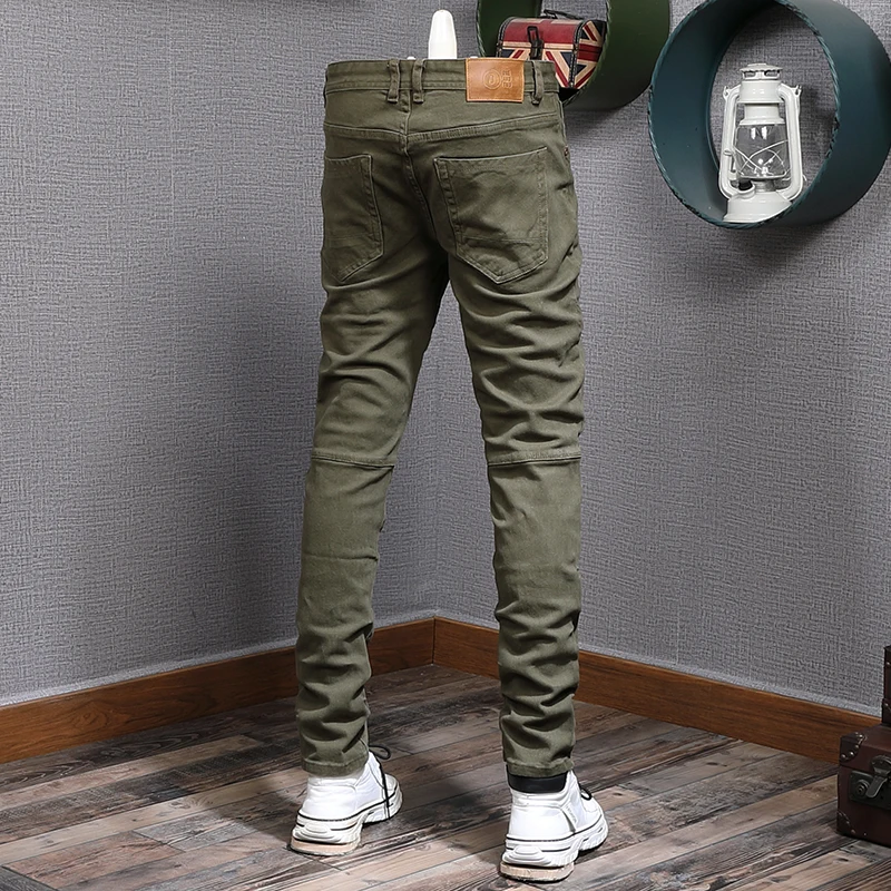 Streetwear Fashion Men Jeans Army Green Elastic Slim Fit Spliced