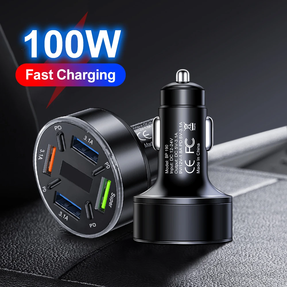 8Ports Car Charger Fast Charging PD QC3.0 USB C Car Phone Charger Type C Adapter in Car For iPhone Samsung Huawei Xiaomi