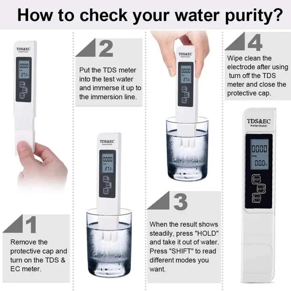 Digital Water Quality Tester TDS EC Meter Range 0-9990 Multifunctional Water Purity Temperature TEMP PPM Tester water quality detector water tester