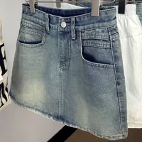 Summer New Womens Vintage Denim Skirts Korean Fashion High-Waisted Slim Mini Skirt Woman Elegant All-Match A- Line Bodycon Skirt