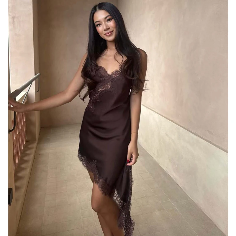 MUJER Lace Slip Mini Dress Women Satin Backless Summer