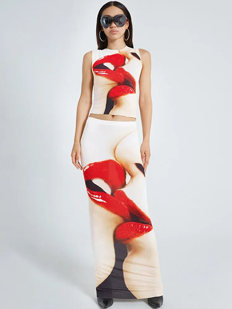 Fashion Slim Skirt Red Lip Print Skirt Sets Y2k Sleeveless Casual Long Two Piece Sets Womens Outifits Conjuntos De Saia Coreano
