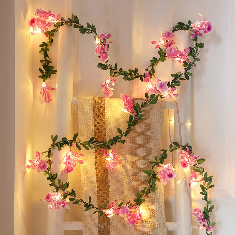 2M 10Leds Rose Flower String Light Floral Holiday Lighting Garland Leaves Fairy Light Party Event Light Decoration Bedroom