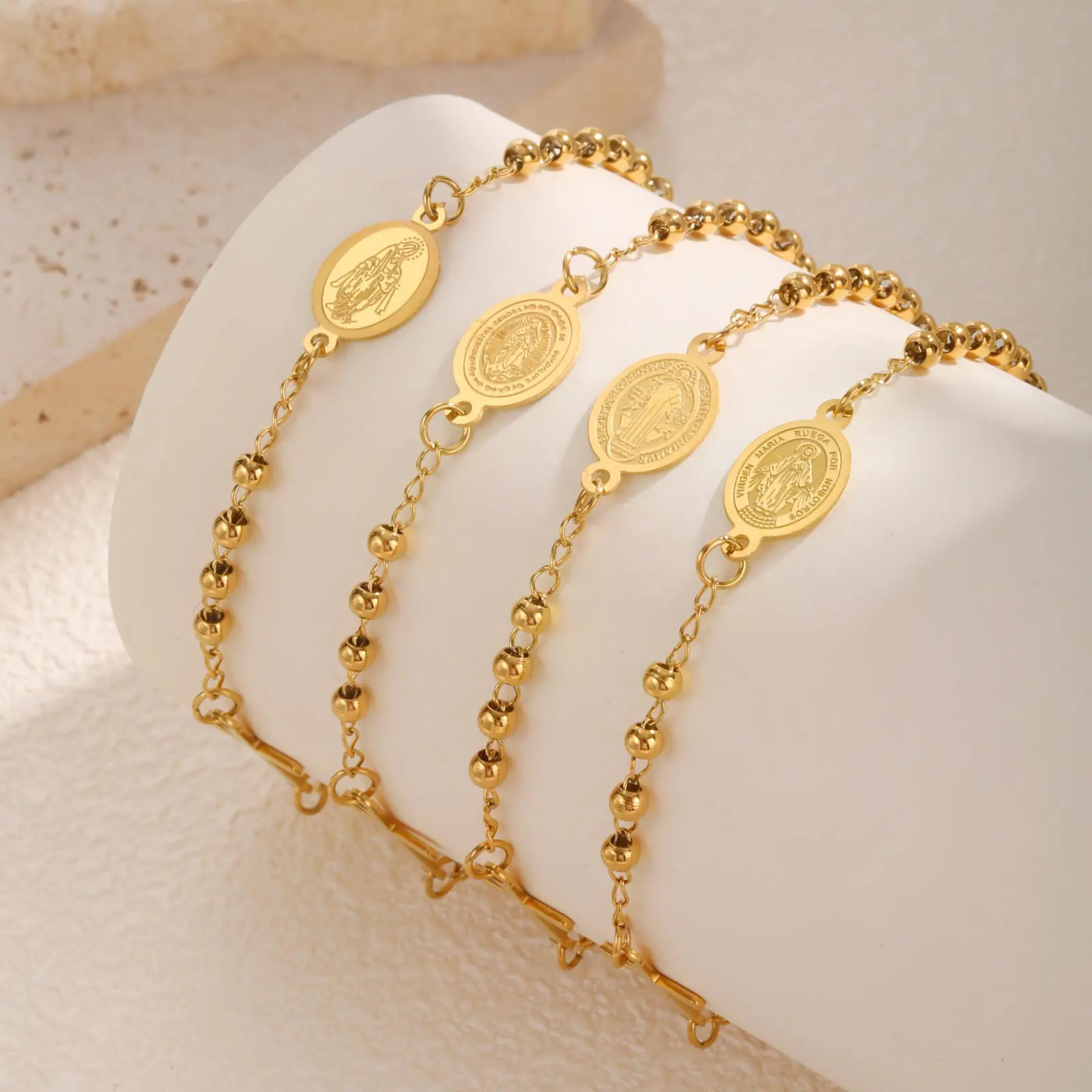 Dreifarbiges Heiliges Rosenkranz-Kreuz-Armband für Frauen, rundes Perlen-Armband aus Edelstahl in Goldfarbe, Jungfrau Maria, Christentum-Schmuck