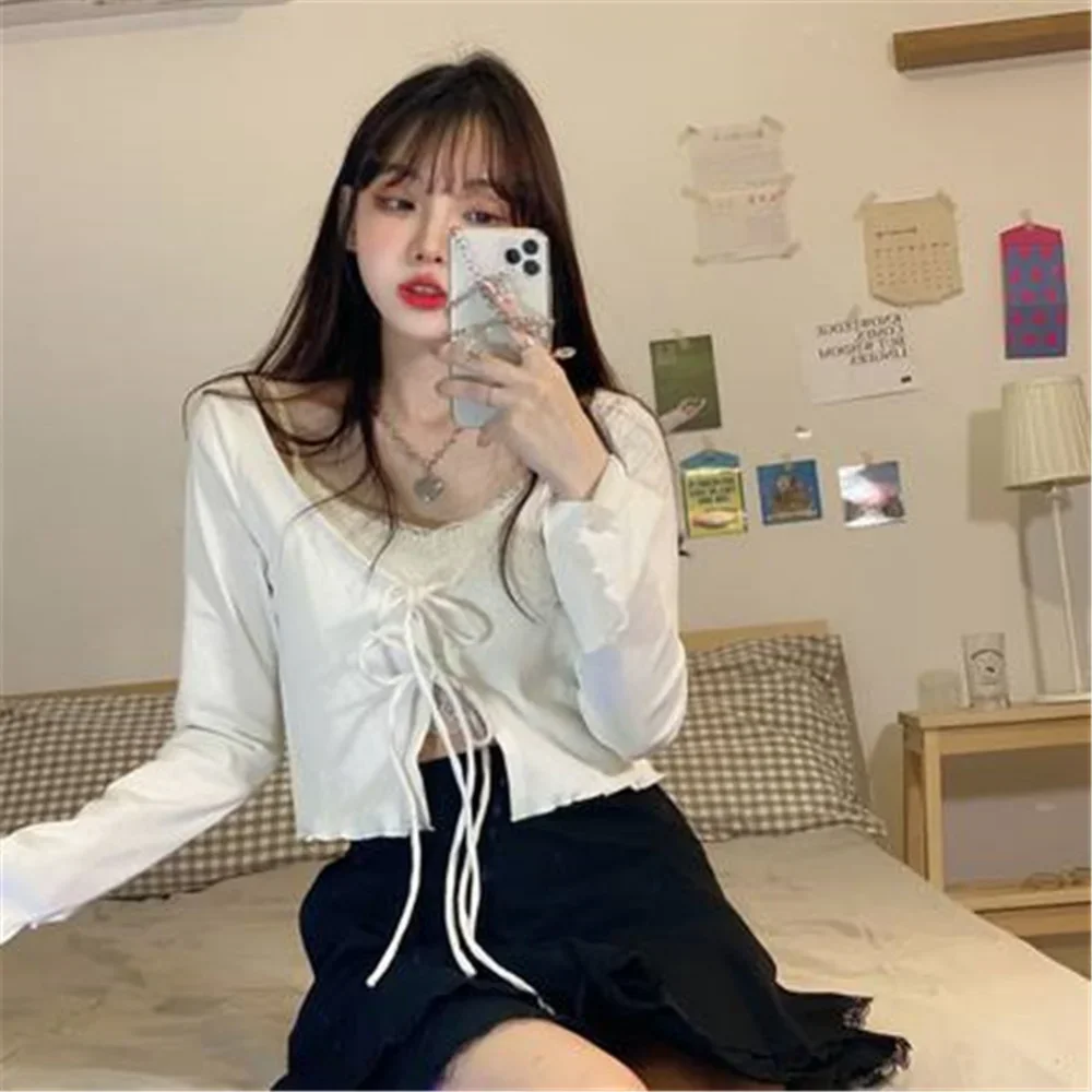 여성용 귀여운 캔디 컬러 크롭탑, 일본 로리타 스위트 탱크탑, 보에 프릴 짧은 티셔츠, 올 매치 귀여운 상의, 여름