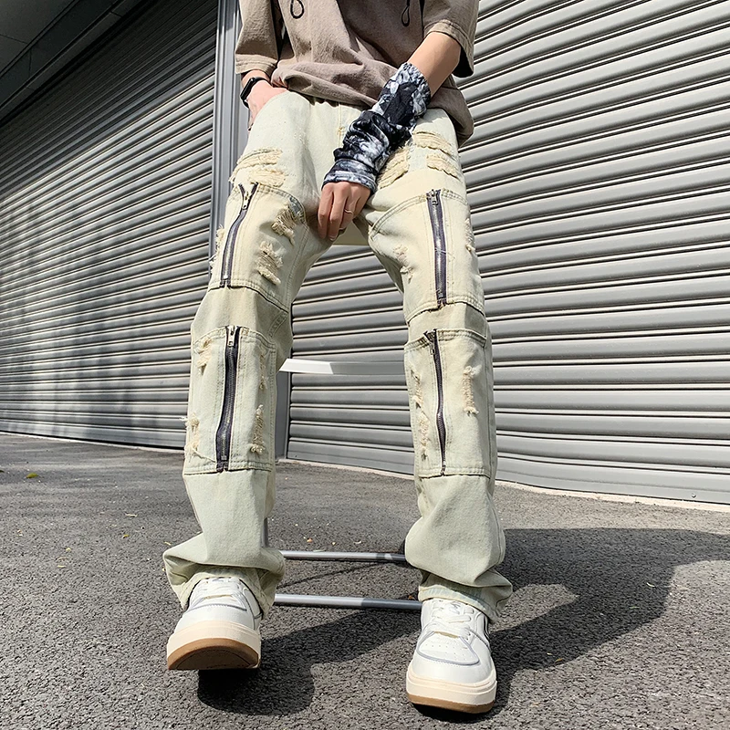 

Hong Kong Style 2023 Autumn/Winter Jeans Men's Broken Multi Pocket American Zipper Pants High Street Beggar Pants Autumn/Winter