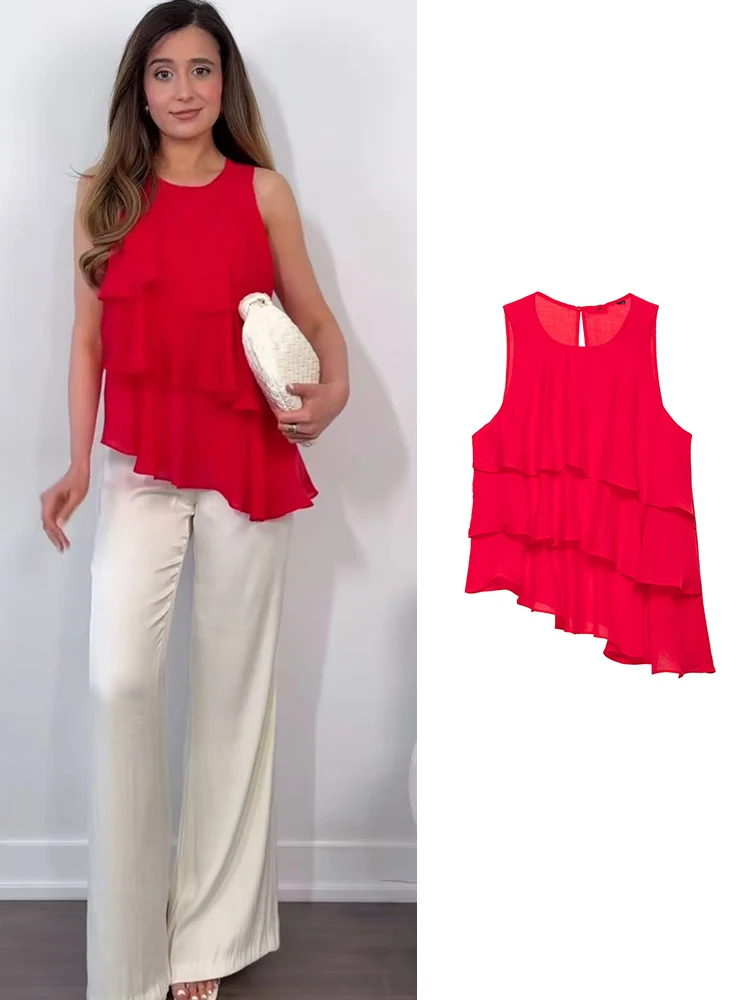 TFMLN Modische Damen-Bluse mit O-Ausschnitt, Ärmellos, Rüschen-Oberteil, Unregelmäßiger Saum, Lässige Streetwear, Sommerliche Stufenschnitt-Bluse, Elegante Schicke Damenbluse