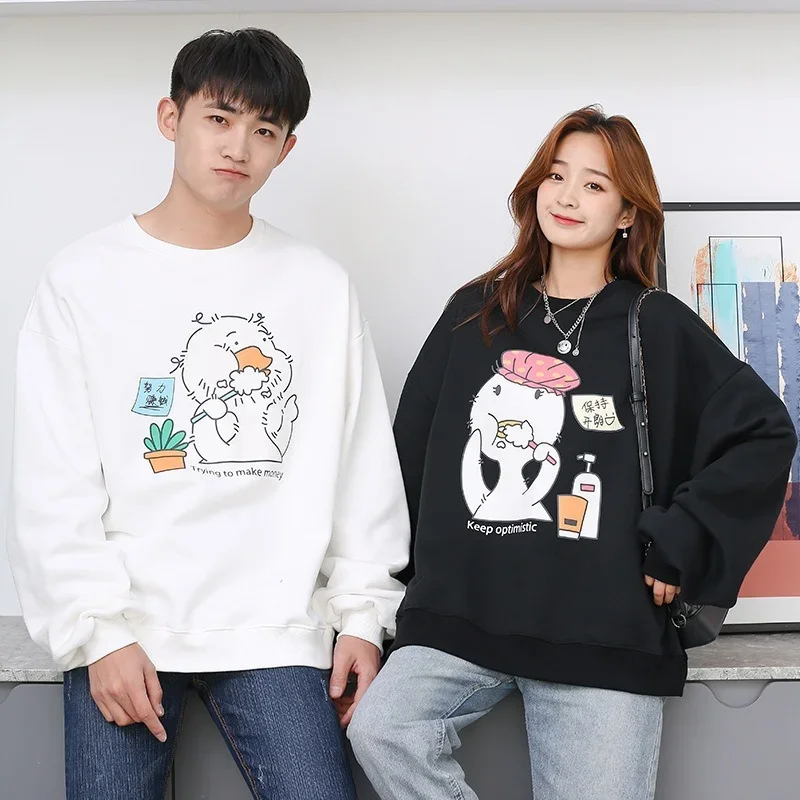 Cartoon Duck Printed Couple Clothing Women O-Neck Loose Cotton Plush Sweatshirts Autumn Winter Warm Casual Pullovers Streetwear
