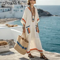 Summer Woman Loose Bohemian Long Dresses Elegant Half Sleeve V Neck Vacation Dress Chic Pocket Print Vacation Holiday Maxi Dress