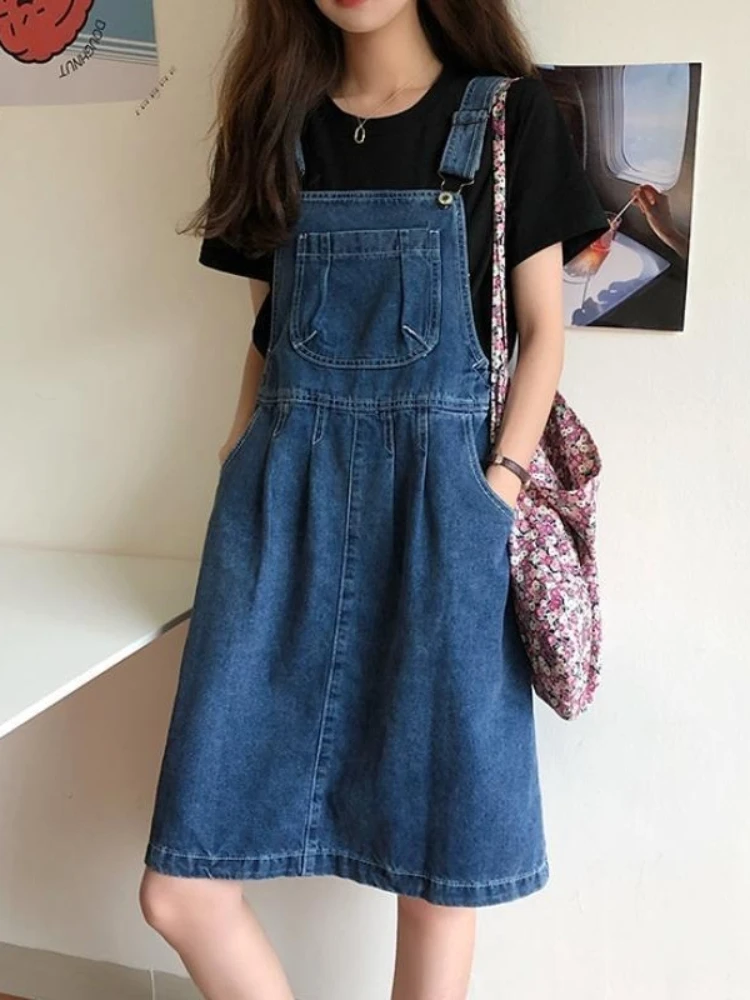 Denim Suspender Skirt Women Vintage Wash Blue A-line Casual Summer One-piece Korean Y2k Strap Skirt Female