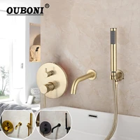 OUBONI Brush Gold Bathroom Shower Systerm Bathtub Faucet Wall Mount Golden Plated 2 Ways athtub Mixer Shower Set Mixer Tap 1