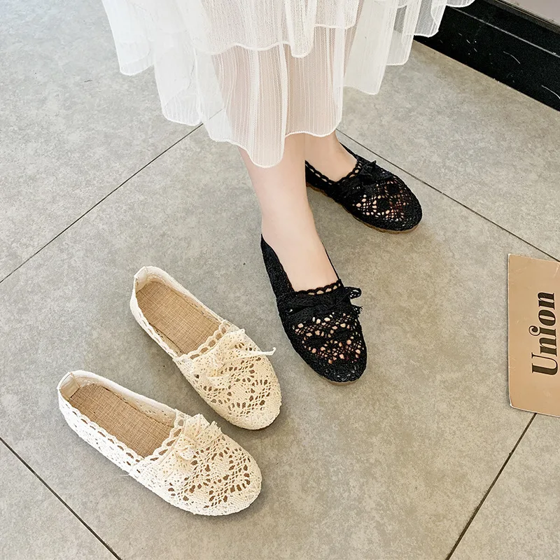 

Summer Breathable Flat Shoes Women's Solid Color Lace Mesh Butterfly Knot Soft Bottom Comfortable Loafers Zapato Plano Mujer