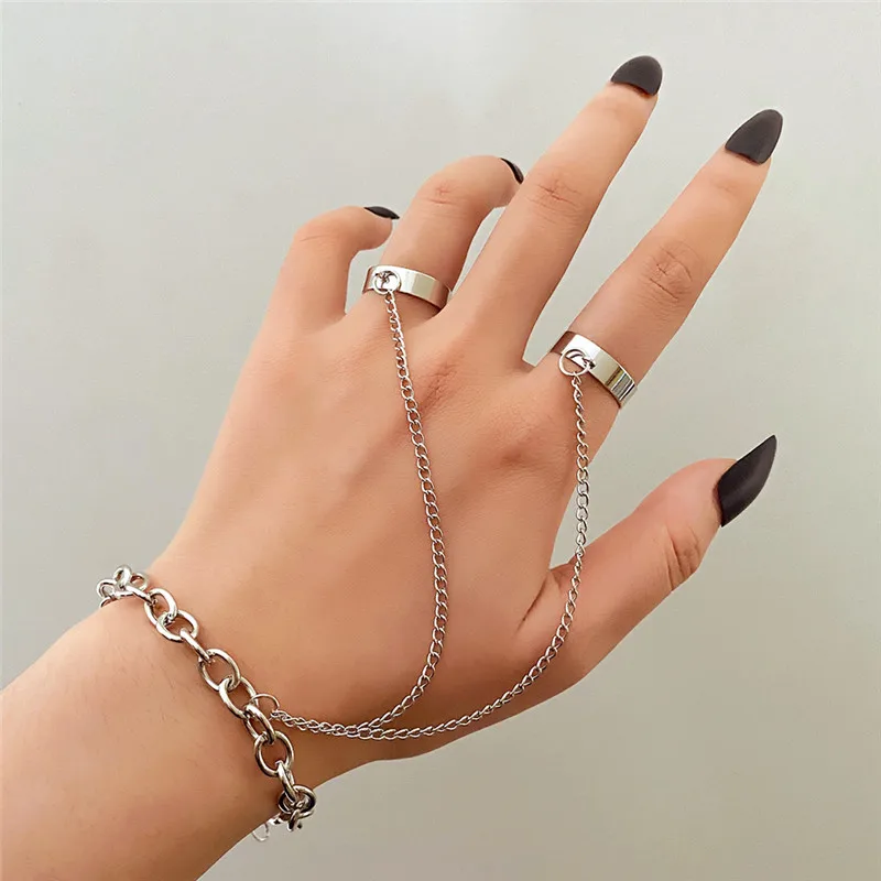 Ring Set Chain Ring Silver Ring Opening Ring Adjustable Rings Jewelry Accessories Modyle Punk Geometric Silver Color Chain Wrist Rings For Women Men Charm Hip Hop Chain Open Rings Set Couple Fashion Jewelry
