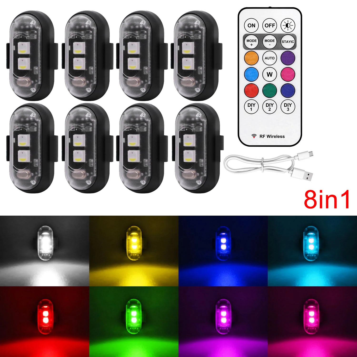 Kit 8 Luci LED Wireless Multicolore Per Auto, Moto, Drone - Stroboscopiche Con Telecomando, IP65, Ricaricabili USB