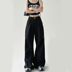 Zoki Y2K Black Cargo Pants Women Vintage Loose Wide Leg Pleated Trouser High Waist Streetwear Korean Chic Casual Straight Pants