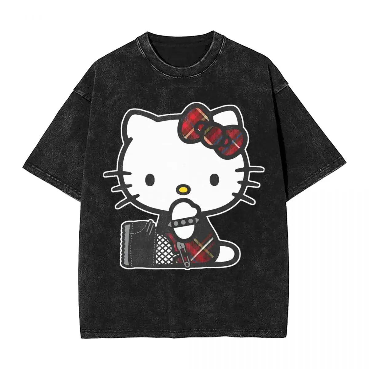 Hello Kitty Punk Gothic T Shirts Hip Hop Washed 100% Cotton
