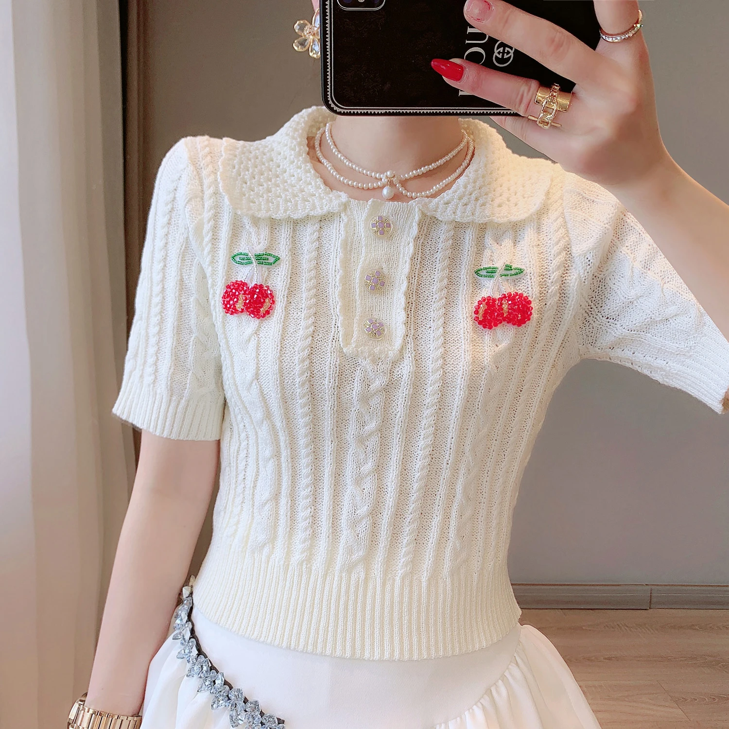 

Cute T Shirt for Women 2022 Summer Tops Hollow Hand Hook Doll Collar Beaded Cherry Slim Sweater Shirt Female Short Sleeve Tshirt