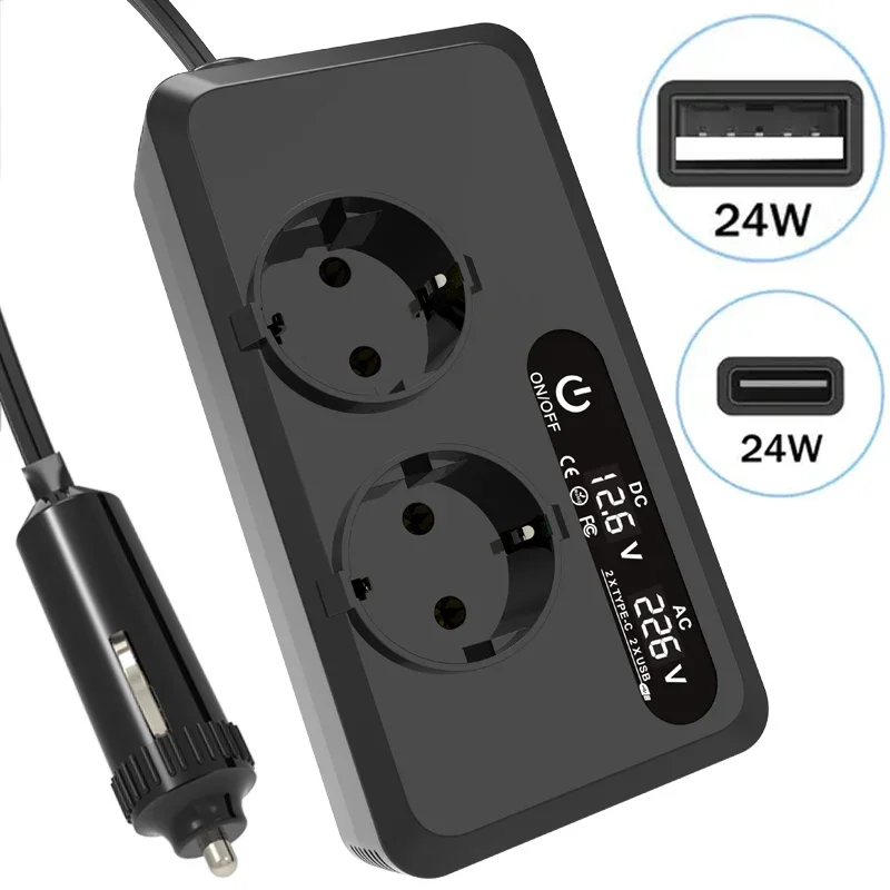 200W 12V auf 230V für EU-Steckdosen Auto-Wechselrichter Zigarettenanzünder-Stecker USB-C-Anschluss Fahrzeug-Konverter Schnelllade-Netzteil