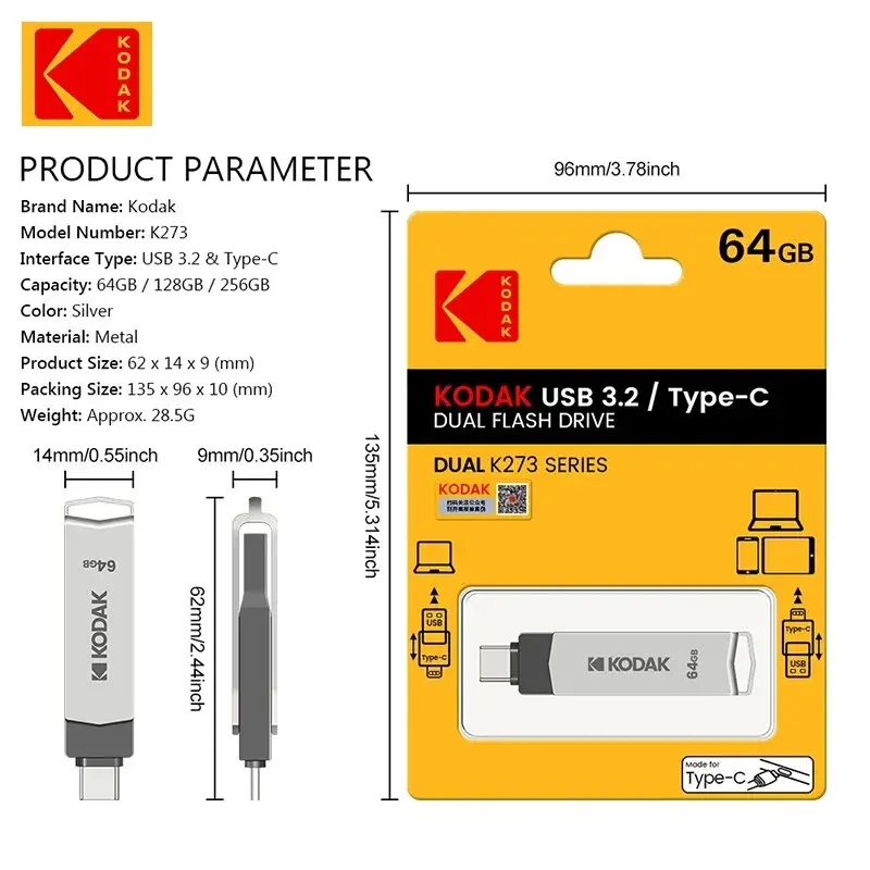 KODAK USB Flash Drive 3.2 Type A Type C 32GB 64GB 128GB Pen Drive for PC Andriod Smartphone Memory Stick Storage U Disk usb flash drive,flash drive,type c pendrive