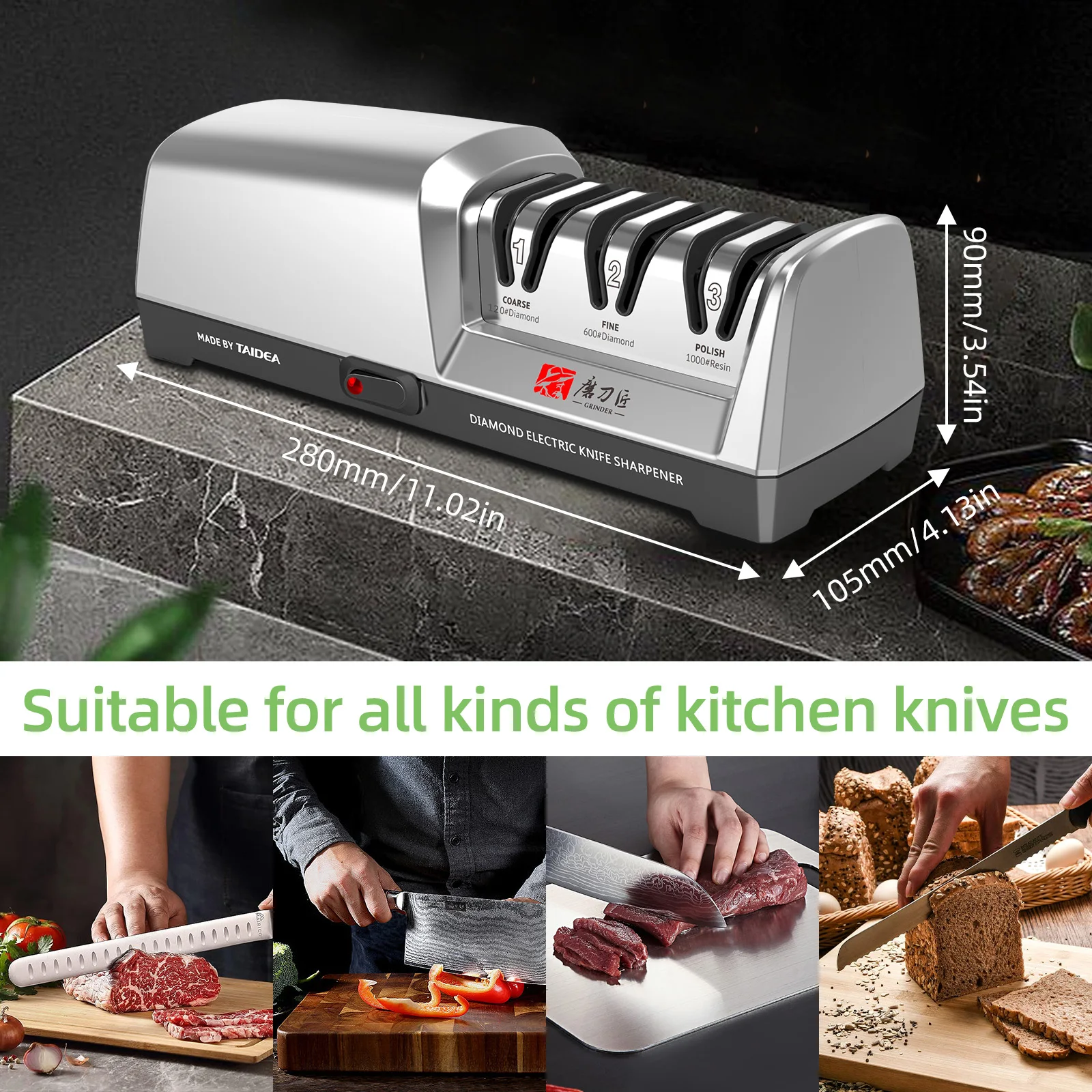 TAIDEA TG2302 Electric Knife Sharpener 15 and 20 Degrees 3-Stage System Stainless Steel Knife Sharpener for Kitchen Knives