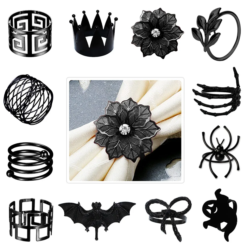 Halloween Napkin Rings Round Ghost Spider Leaf Napkin Holder Black Bow Buckle 6Pcs for Weddings Dinner Party Table Decor
