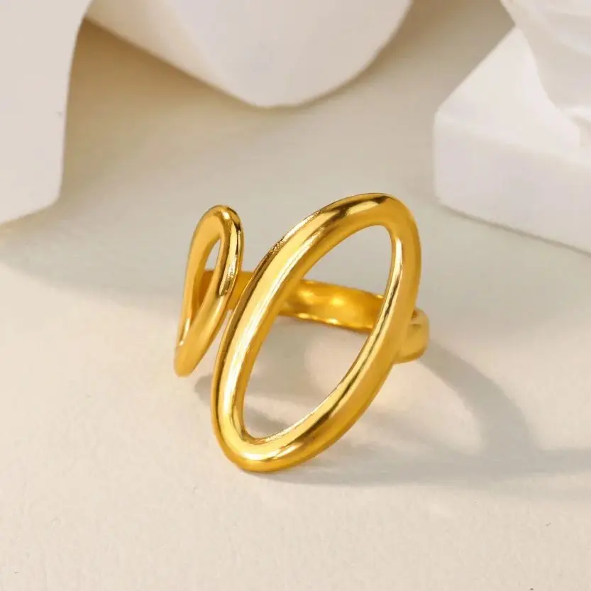 Gold, Stainless Steel, Geometric, Adjustable Ring