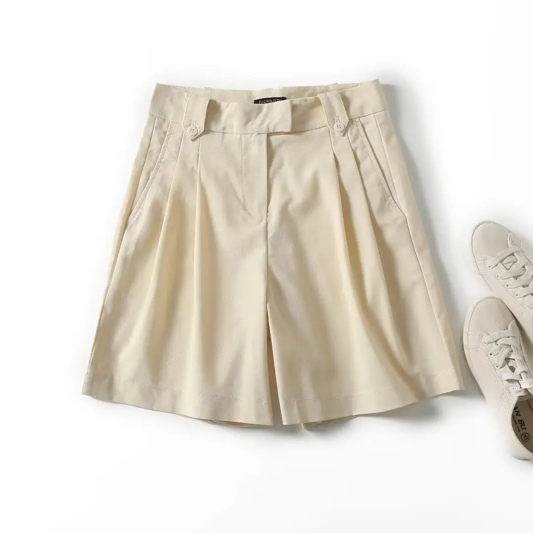 Withered England Style Office Ladies Casual Fashion Shorts Women Commuting Simple Linen Straight Bermuda