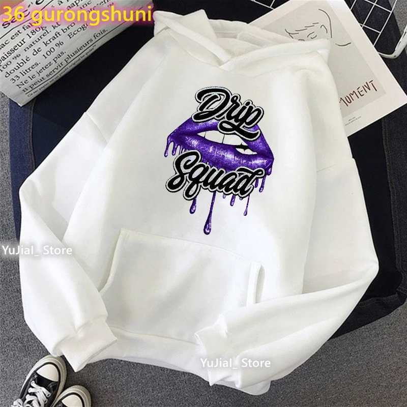 Red Lips Birthday Drip Graphic Print Cap Hoodie Women\'S Clothing Drip Squad Sweatshirt Femme Fashion Long-Sleeved Tracksuit