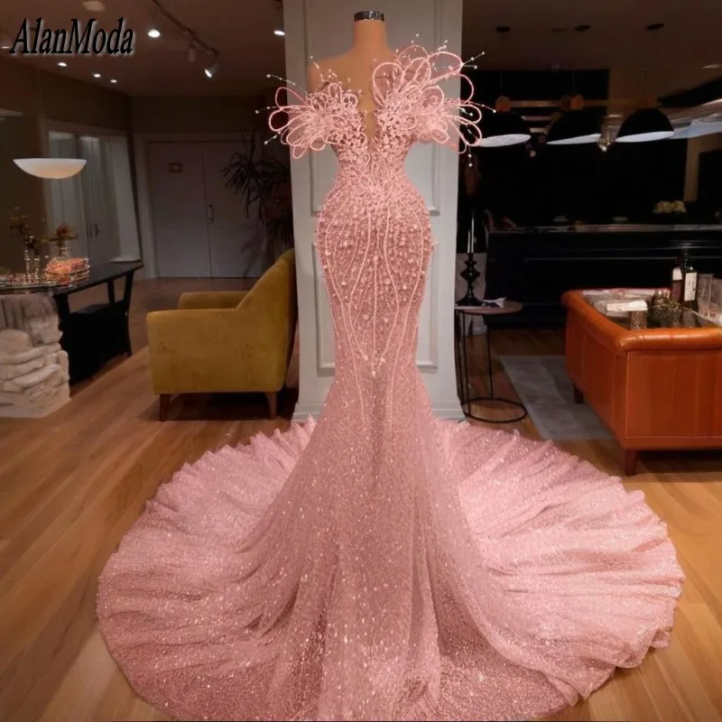 Designer Pink Evening Dress For Women Wedding Party Gowns Shiny Pearls Dubai Prom Dresses 2025 Vestido De Casamen Customized