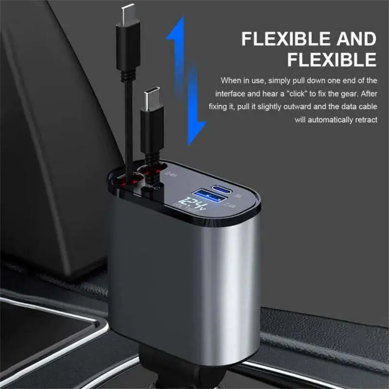 

120W 4 IN 1 Retractable Car Charger USB Type C Cable For Fast Charge Cord Cigarette Lighter Adapter