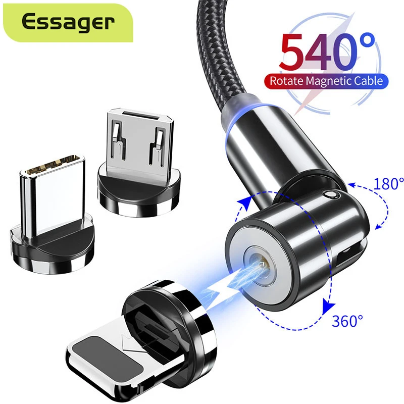 Essager 540 Rotate Magnetic Cable Fast Charge Micro USB Type C Cable For iPhone 12 11 Pro Xiaomi USB C Magnet Charger Wire Cord iphone to hdmi cable