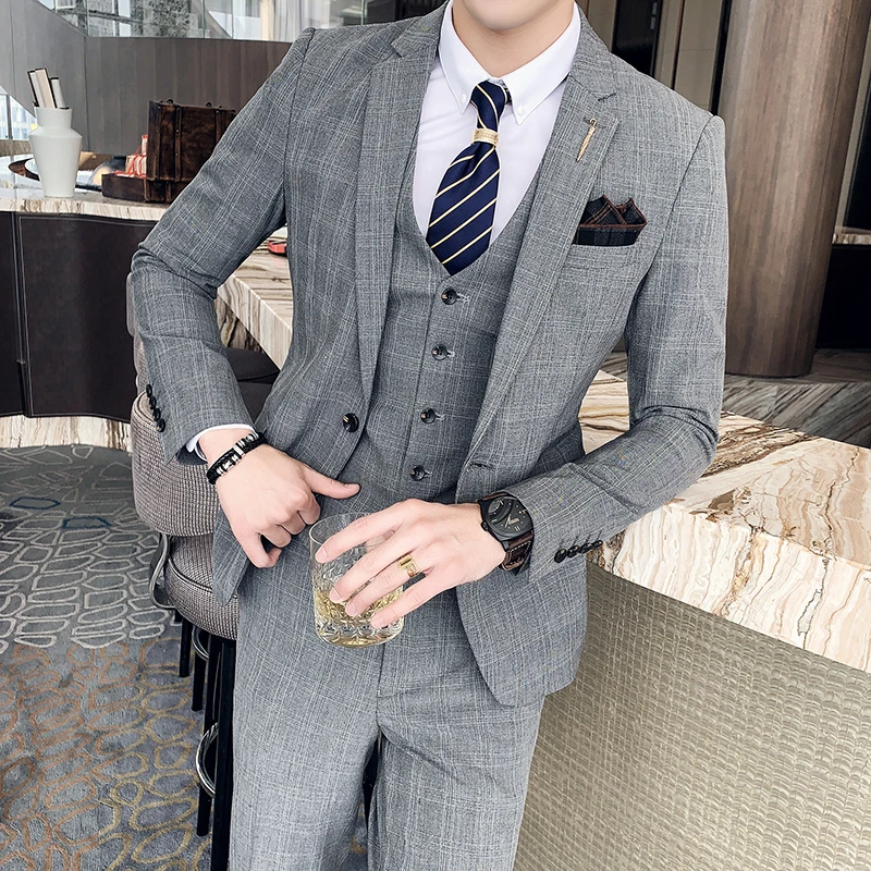

（Jacket+Vest+Pants） British Luxury Plaid Wedding Groom Dress Solid Slim Fit Formal Business Social Suit Men's Clothing 3-piece