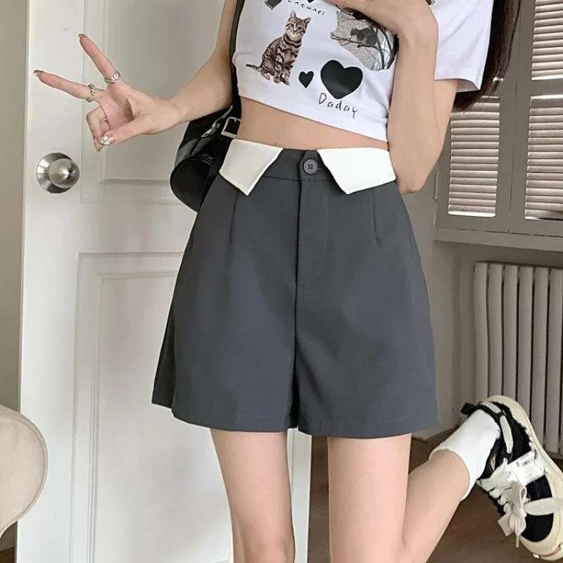 Flip Collar Design Feeling Suit Shorts for Women's Summer 2023 New High Waisted Slimming Versatile Wide Leg Casual Pants
