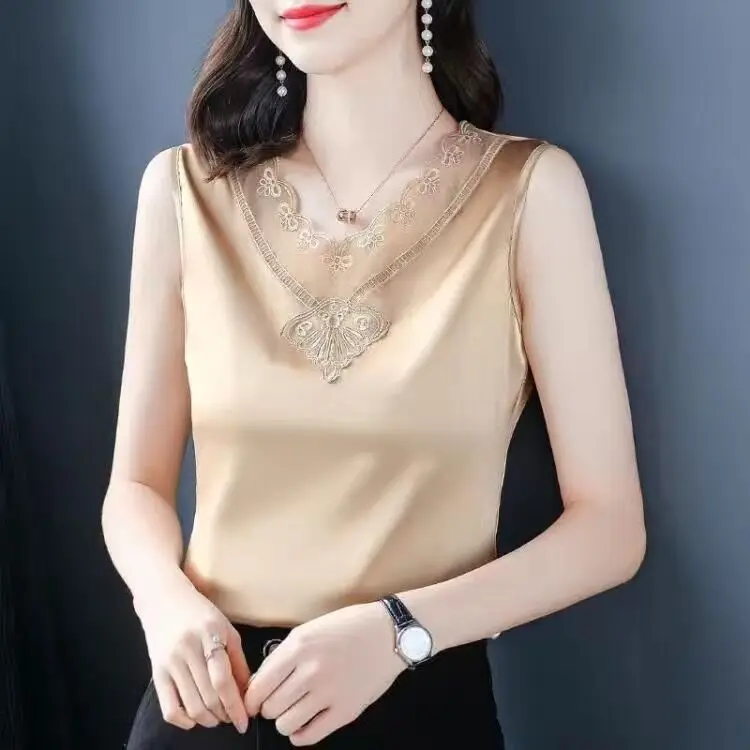 S2d8cefe87c1e4b63ad93b94545d698c0v Korean Silk Women Blouses Shirt Woman Satin Blouse Tops Women Satin Lace Embroidery Blouse Top Woman V-neck Printing Shirts Tops Mallzona