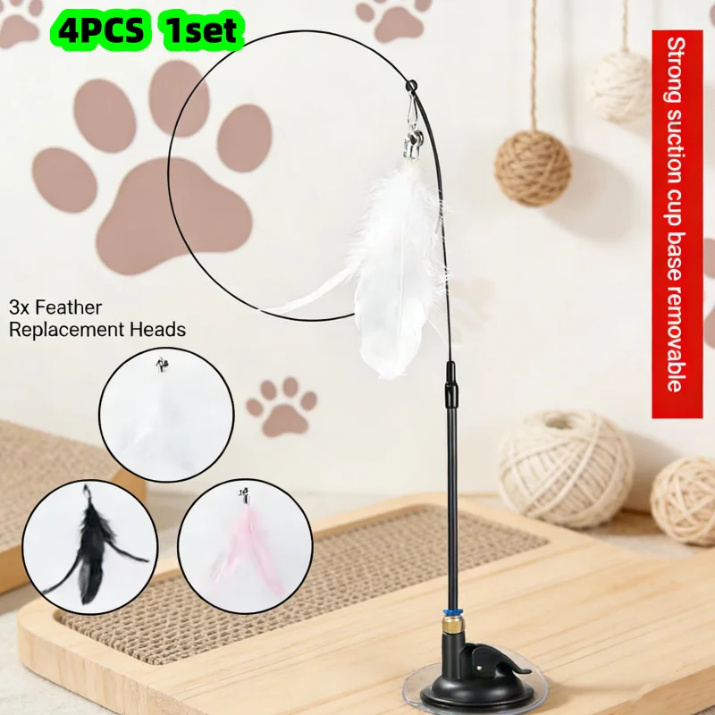 4-Piece Set (1 Suction Cup Cat Teaser Wand and 3 Replacement Heads) Replacement Heads in Random Colors, Suction Cup Cat Teaser Wand with Feathers, Self-Entertainment Rod for Kittens, Boredom-Relief Cat Toy with Bell, Cat Supplies