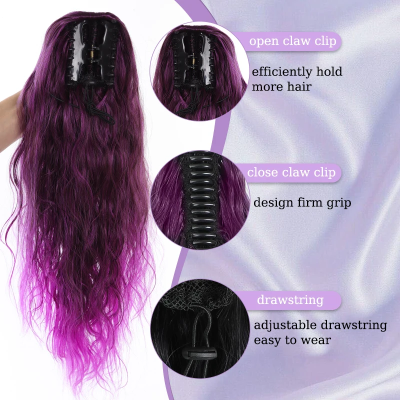 Purple Curly Hair Ponytail Extensions Wig 20inch Gradient Purple Water Wave Ponytail Claw Clip Hairpiece for Women Christmas Use